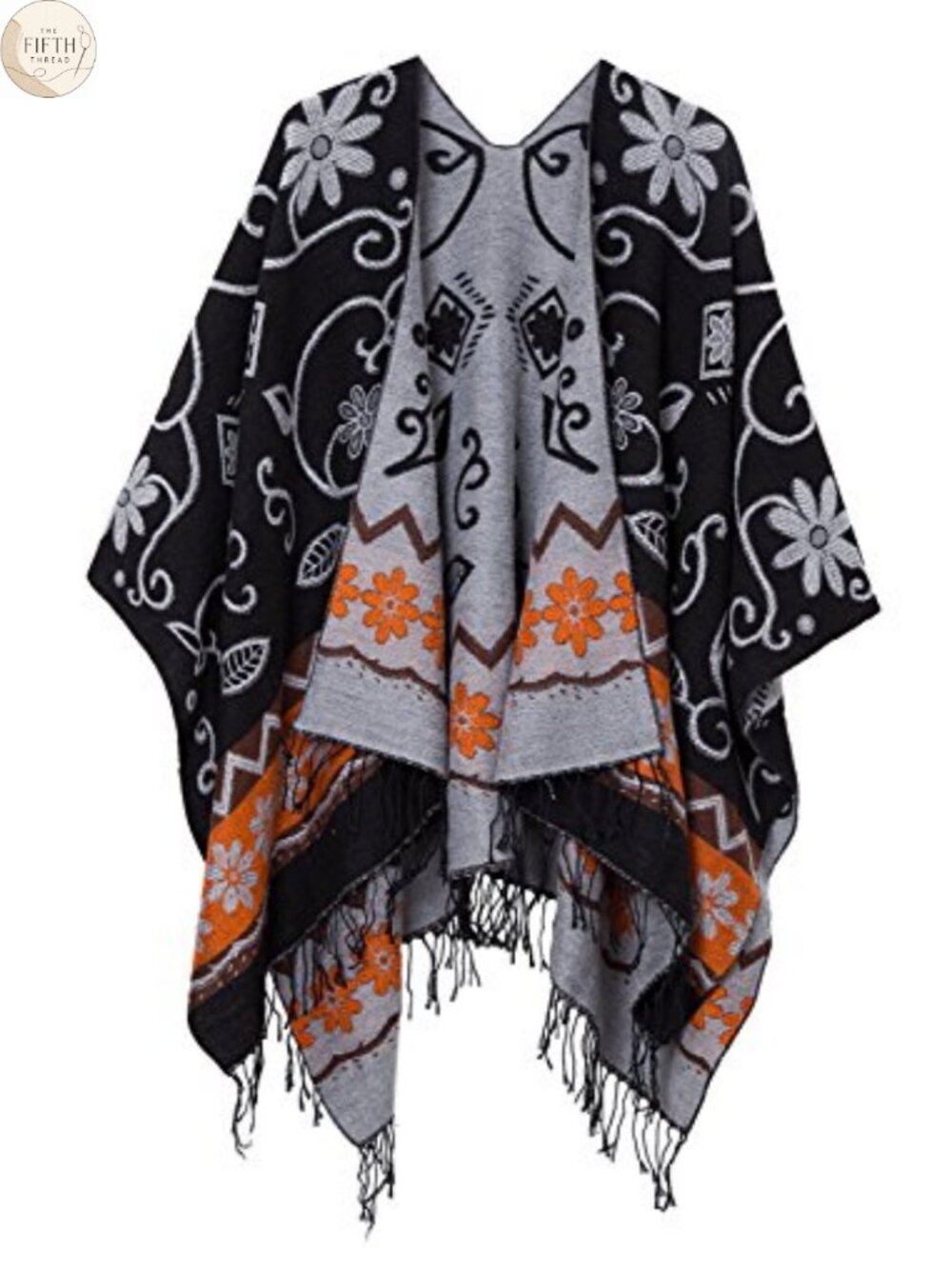 Open Front Poncho Shawl Wrap with Printed Tassel Detail Reversible